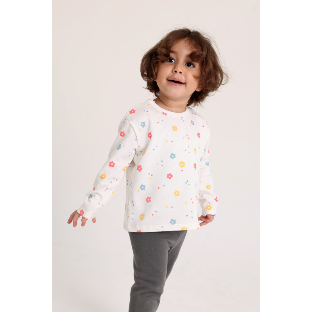 Baby Girls Cotton T-Shirt – Off-White with Flowers Print