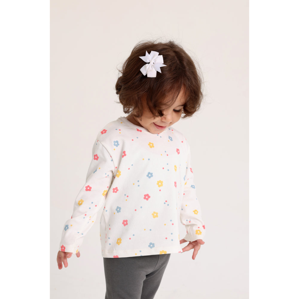 Baby Girls Cotton T-Shirt – Off-White with Flowers Print