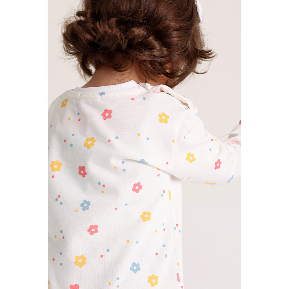 Baby Girls Cotton T-Shirt – Off-White with Flowers Print