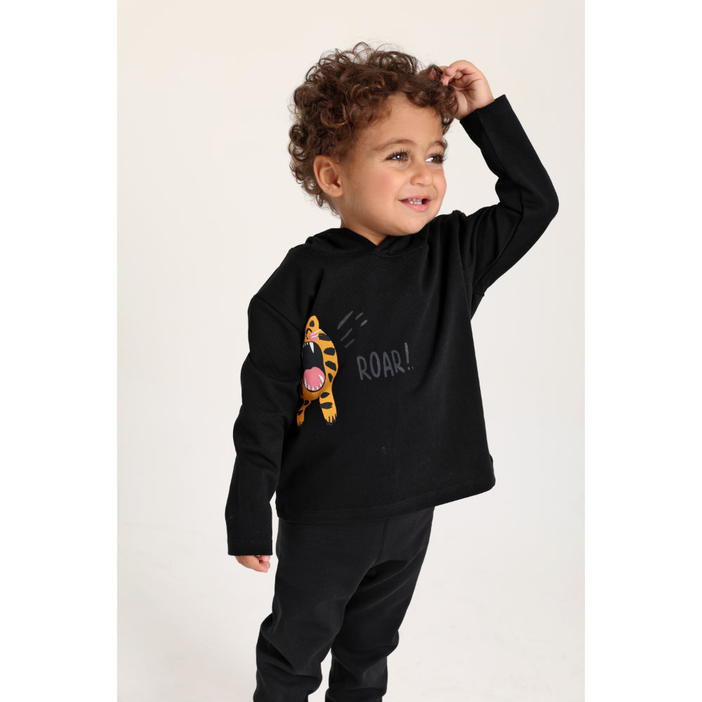 Baby Boys Cotton Hooded T-Shirt – Black with Little Tiger Print