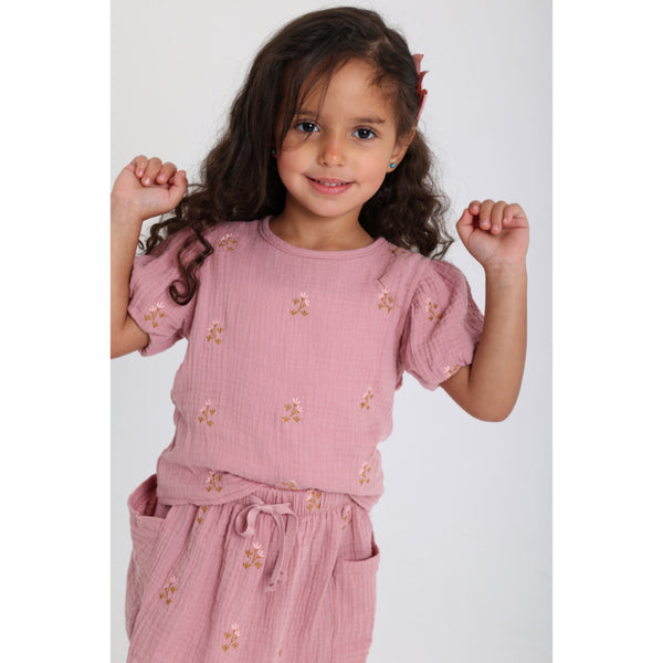 Baby Girls Cotton 2-Piece Outfit Set – Dusty Pink with Printed Flowers
