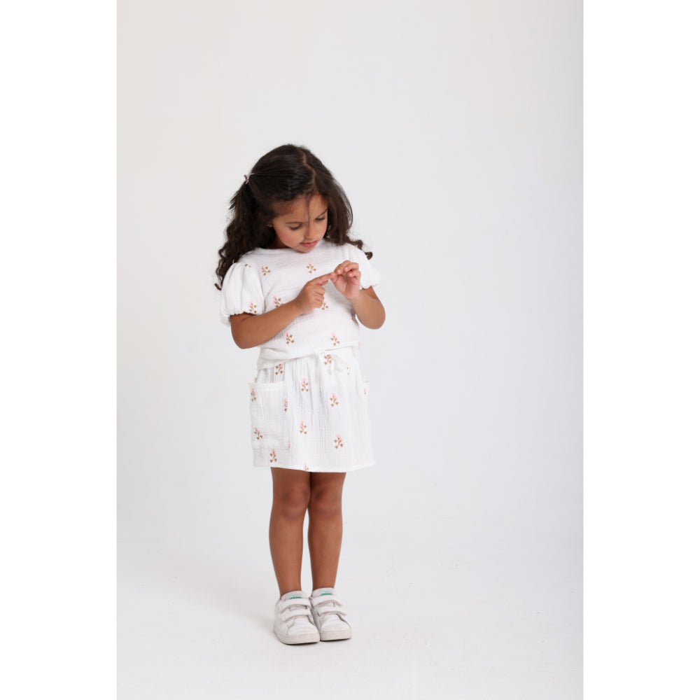 Baby Girls Cotton Outfit Set – Offwhite Embroidery Flowers Short Sleeves