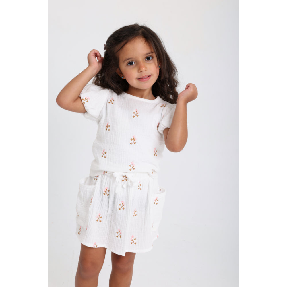 Baby Girls Cotton Outfit Set – Offwhite Embroidery Flowers Short Sleeves