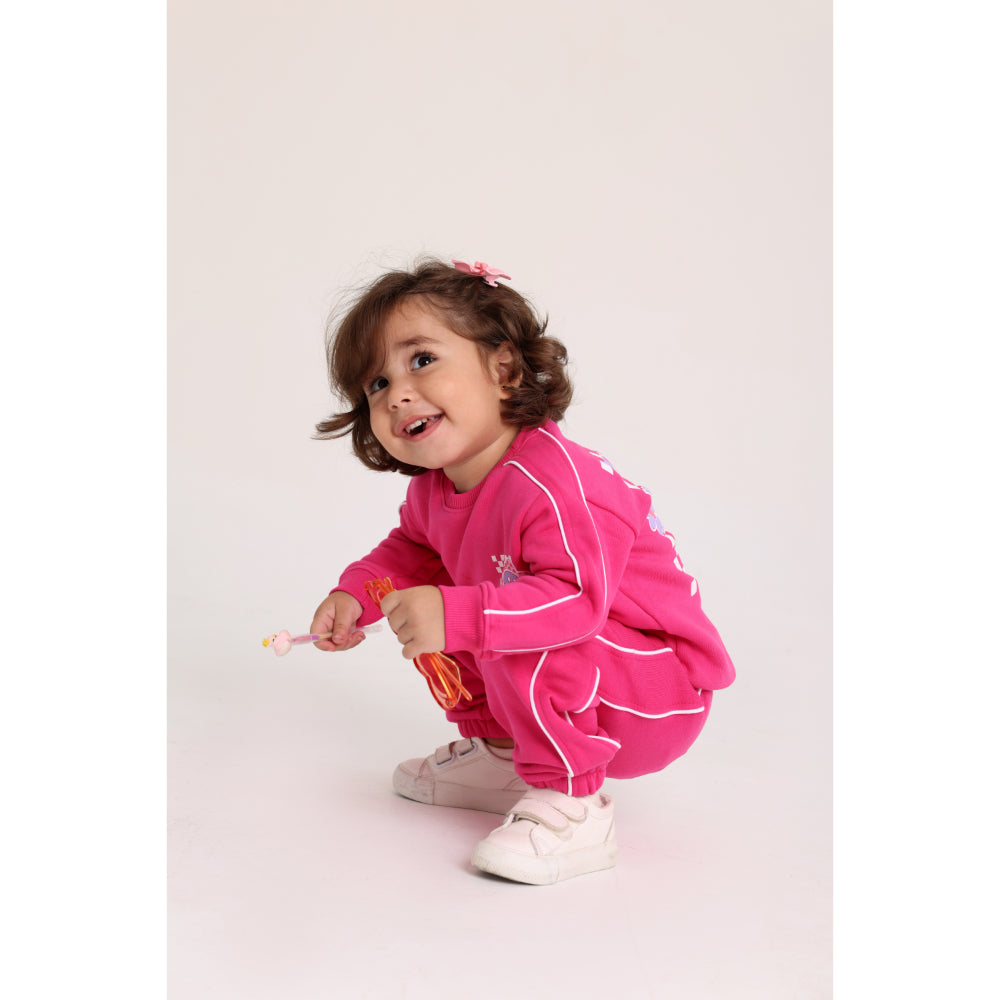 Baby Girls Cotton Sweatshirt – Fuchsia with Flowers Print