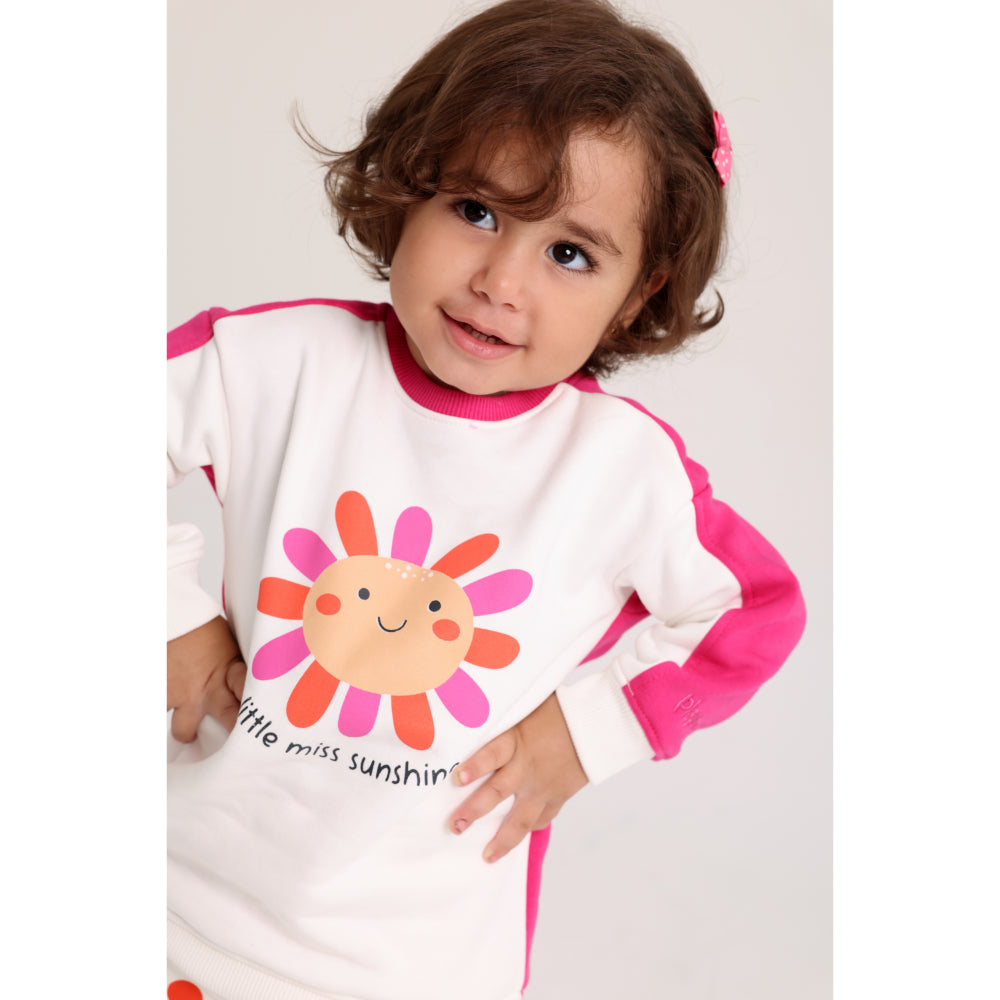 Baby Girls Cotton 2-Piece Outfit Set – Off-White & Fuchsia with "Little Miss Sunshine" Print