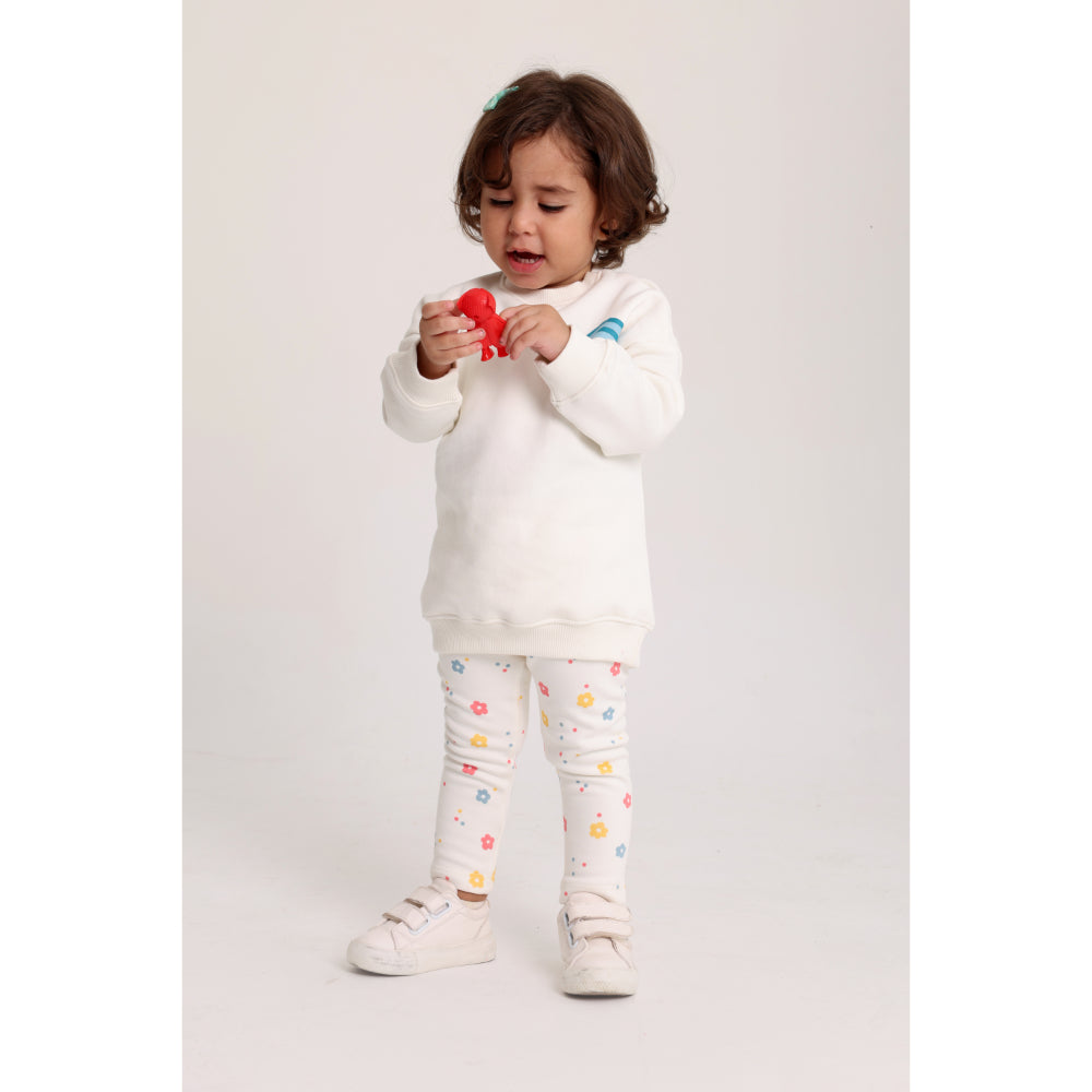 Baby Girls Cotton 2-Piece Outfit Set – Off-White with Rainbow & Flowers Print