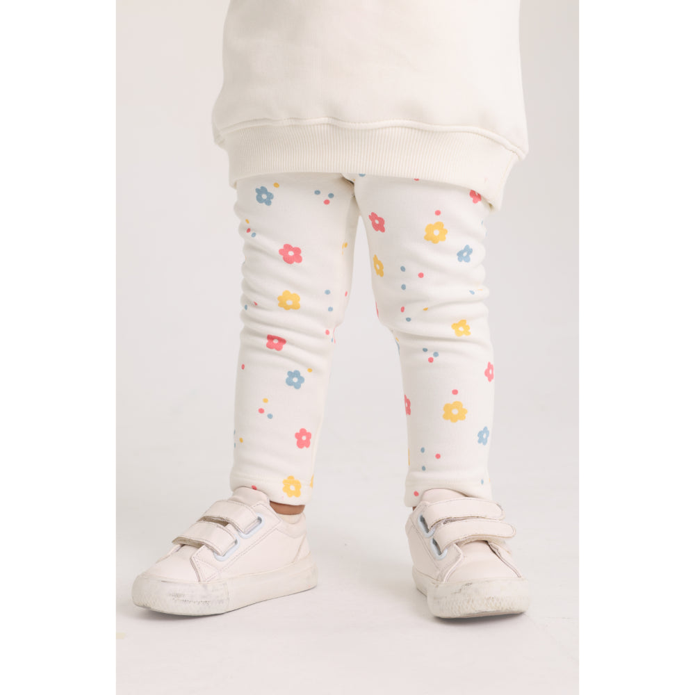 Baby Girls Cotton 2-Piece Outfit Set – Off-White with Rainbow & Flowers Print