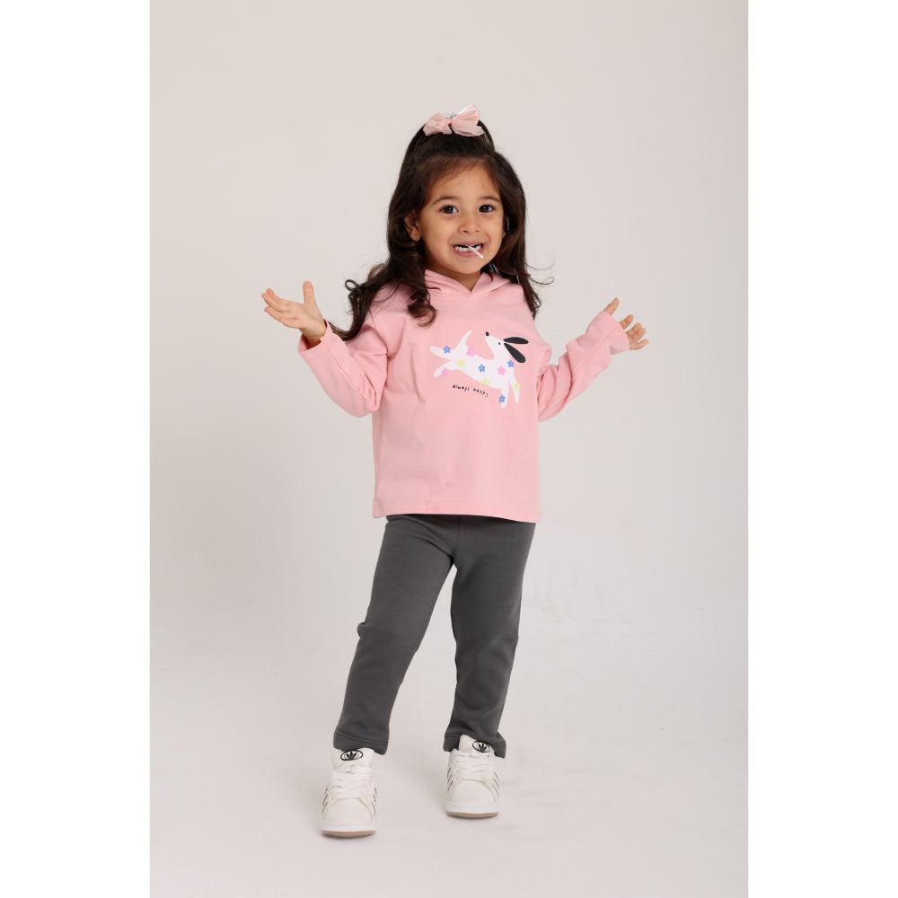 Baby Girls Cotton Hooded T-Shirt – Salmon with "Always Happy" Dog Print