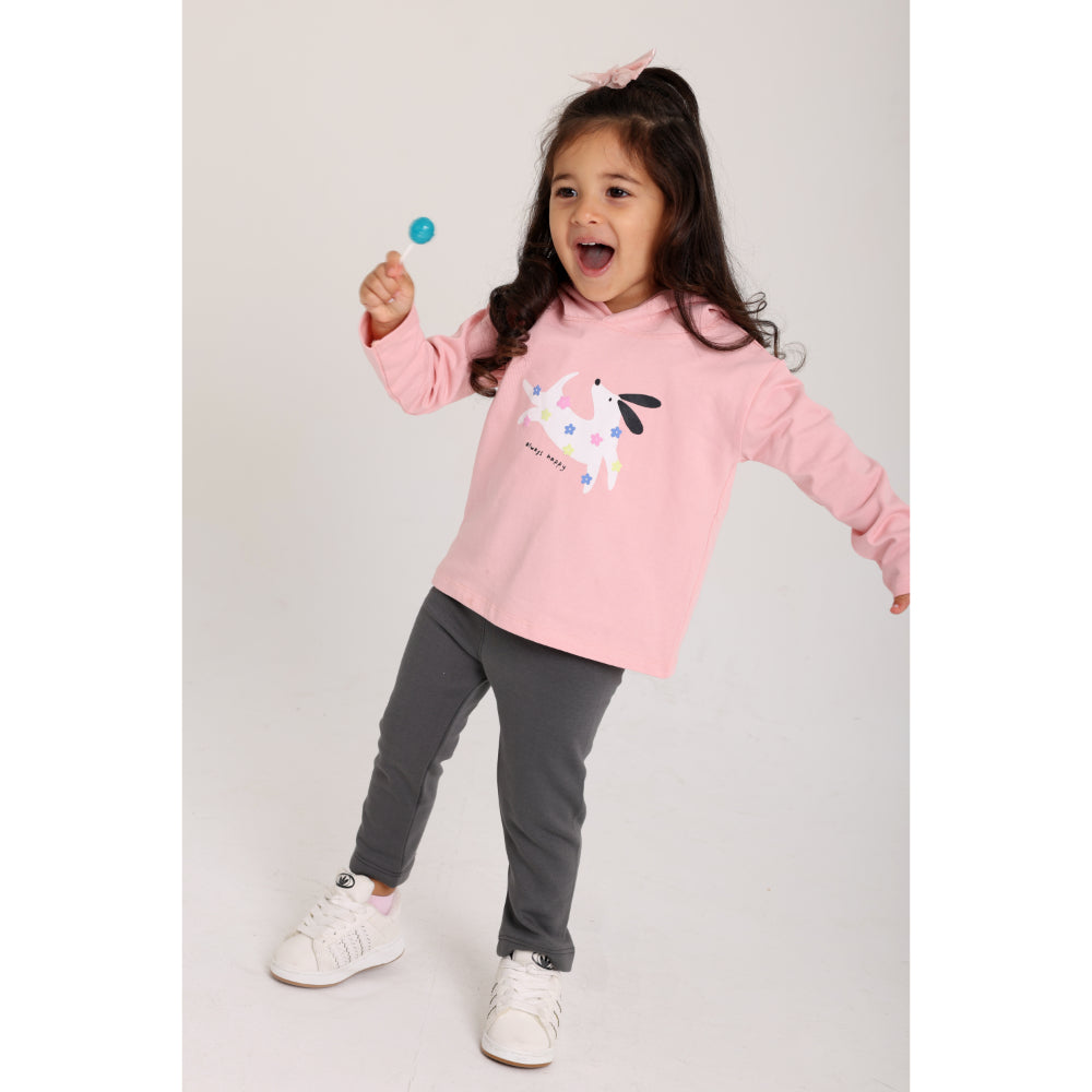 Baby Girls Cotton Hooded T-Shirt – Salmon with "Always Happy" Dog Print