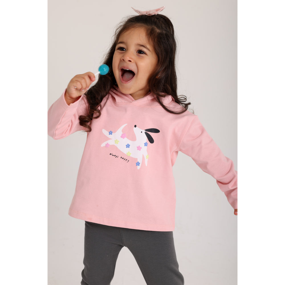 Baby Girls Cotton Hooded T-Shirt – Salmon with "Always Happy" Dog Print