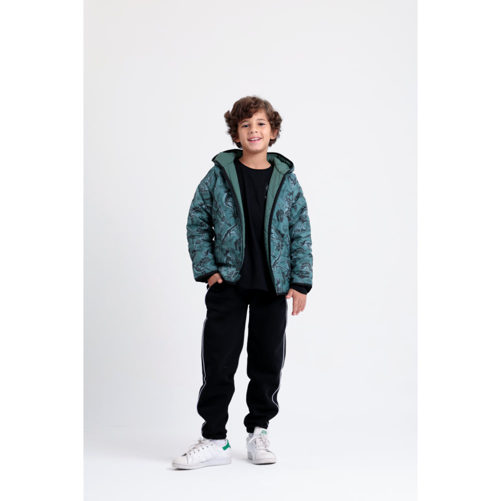 Boys Waterproof Double Face Jacket – Dark Green with Dino Print