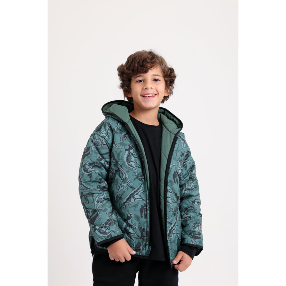 Boys Waterproof Double Face Jacket – Dark Green with Dino Print