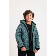 Boys Waterproof Double Face Jacket – Dark Green with Dino Print
