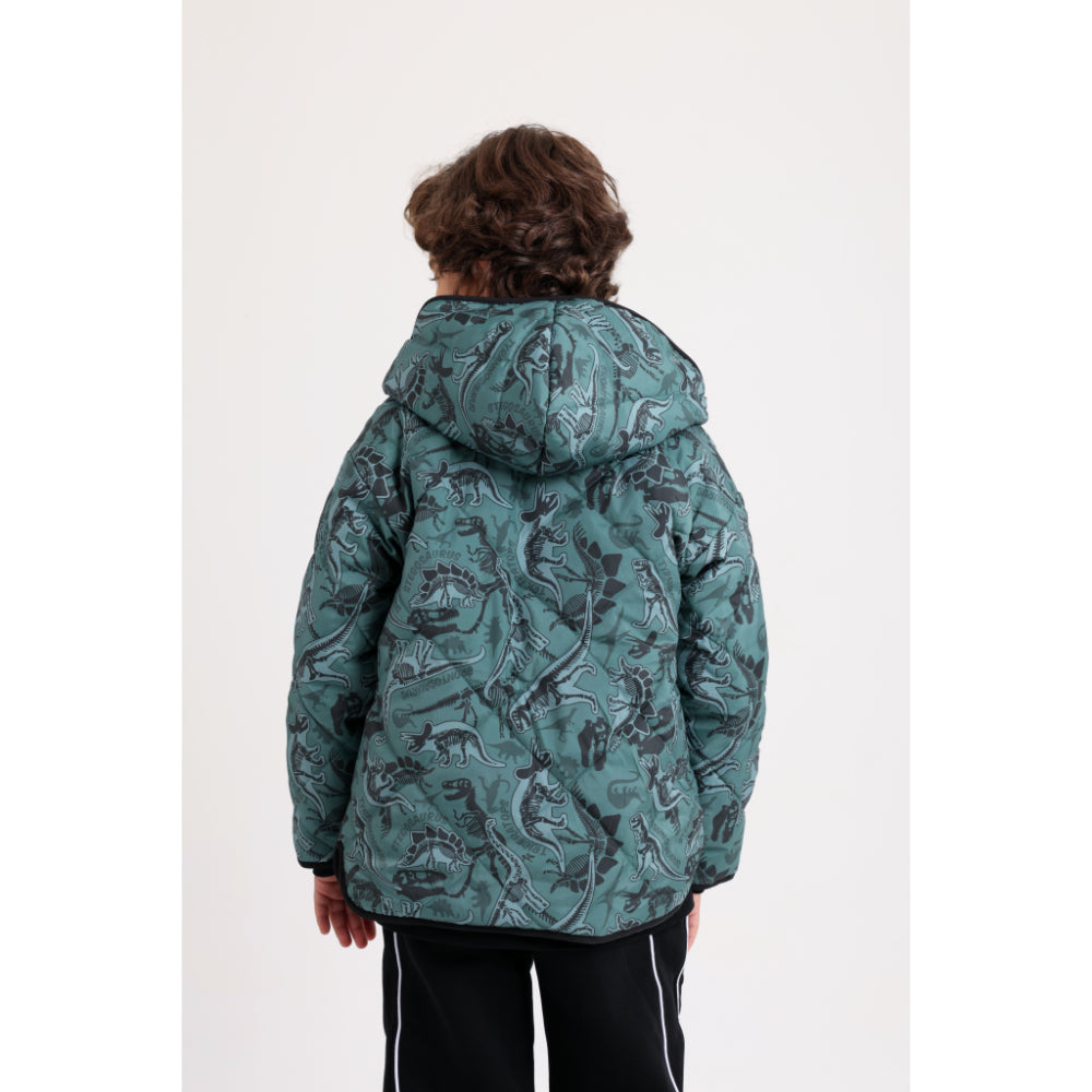 Boys Waterproof Double Face Jacket – Dark Green with Dino Print