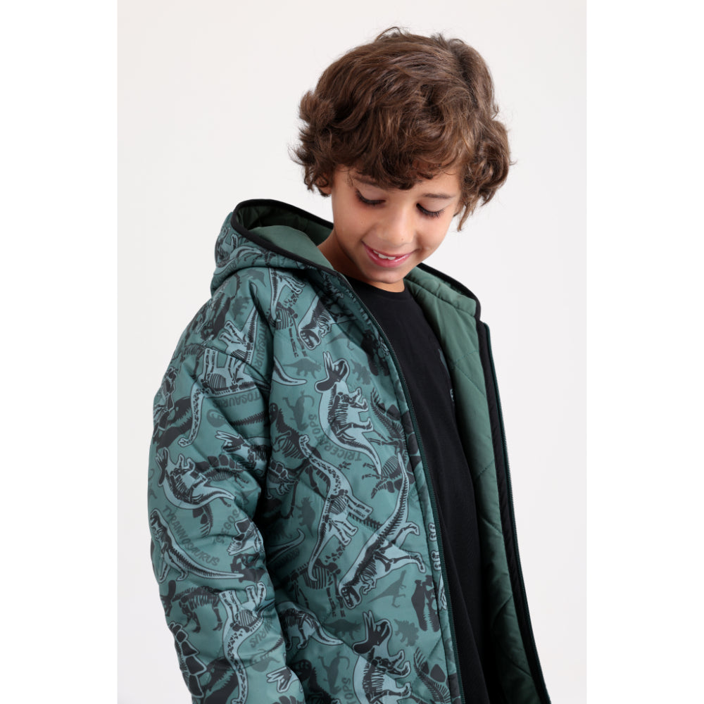 Boys Waterproof Double Face Jacket – Dark Green with Dino Print