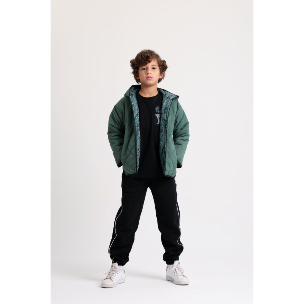 Boys Waterproof Double Face Jacket – Dark Green with Dino Print