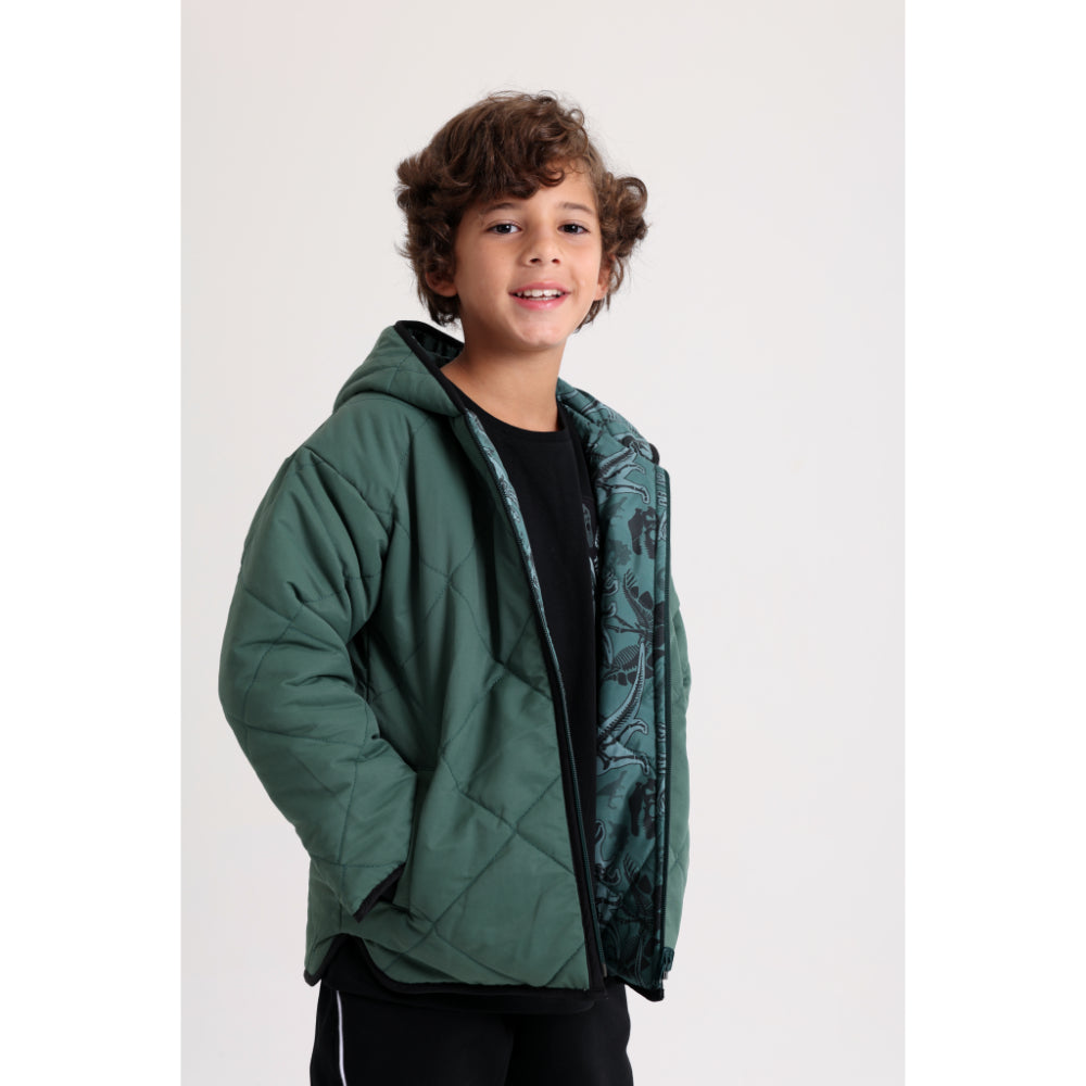 Boys Waterproof Double Face Jacket – Dark Green with Dino Print