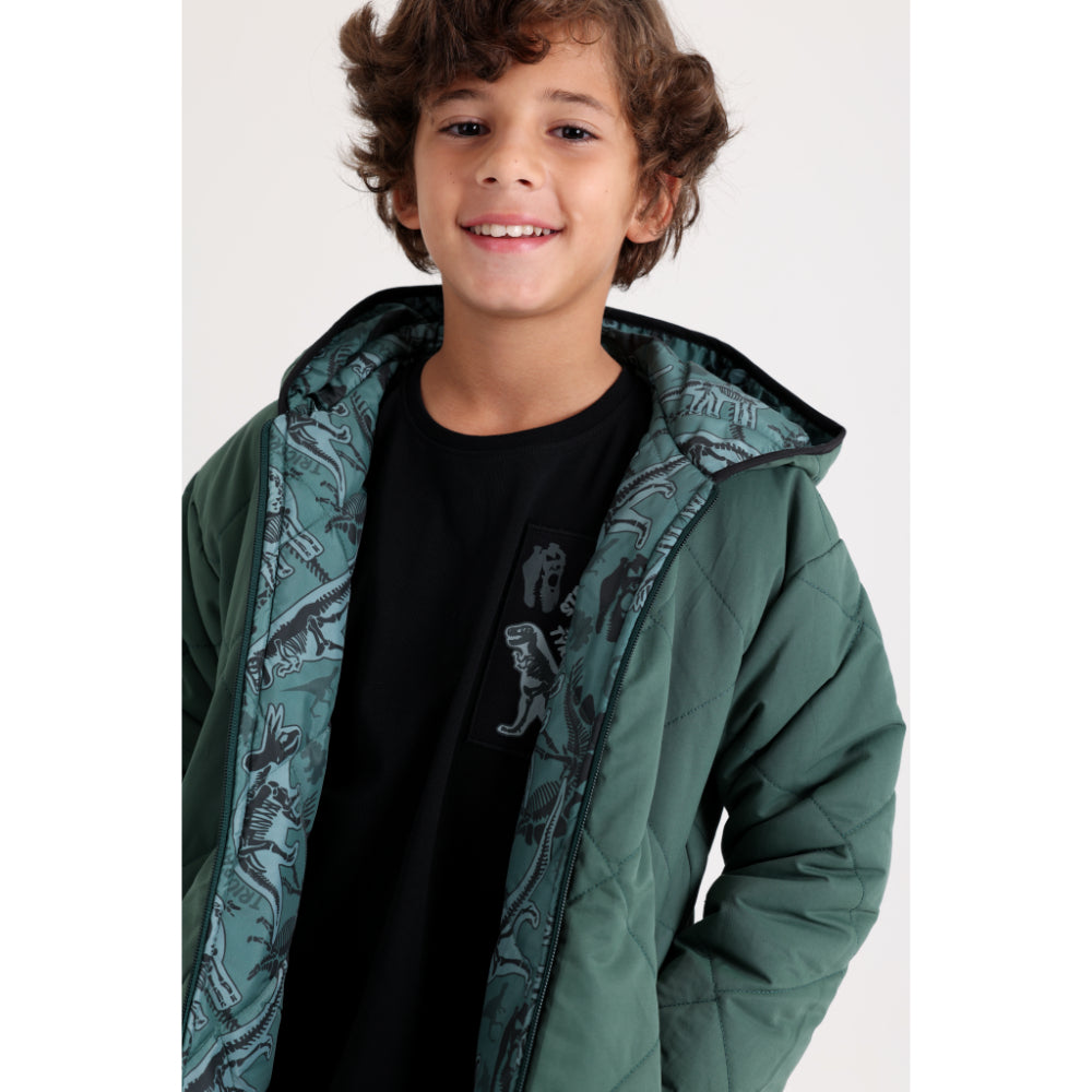 Boys Waterproof Double Face Jacket – Dark Green with Dino Print