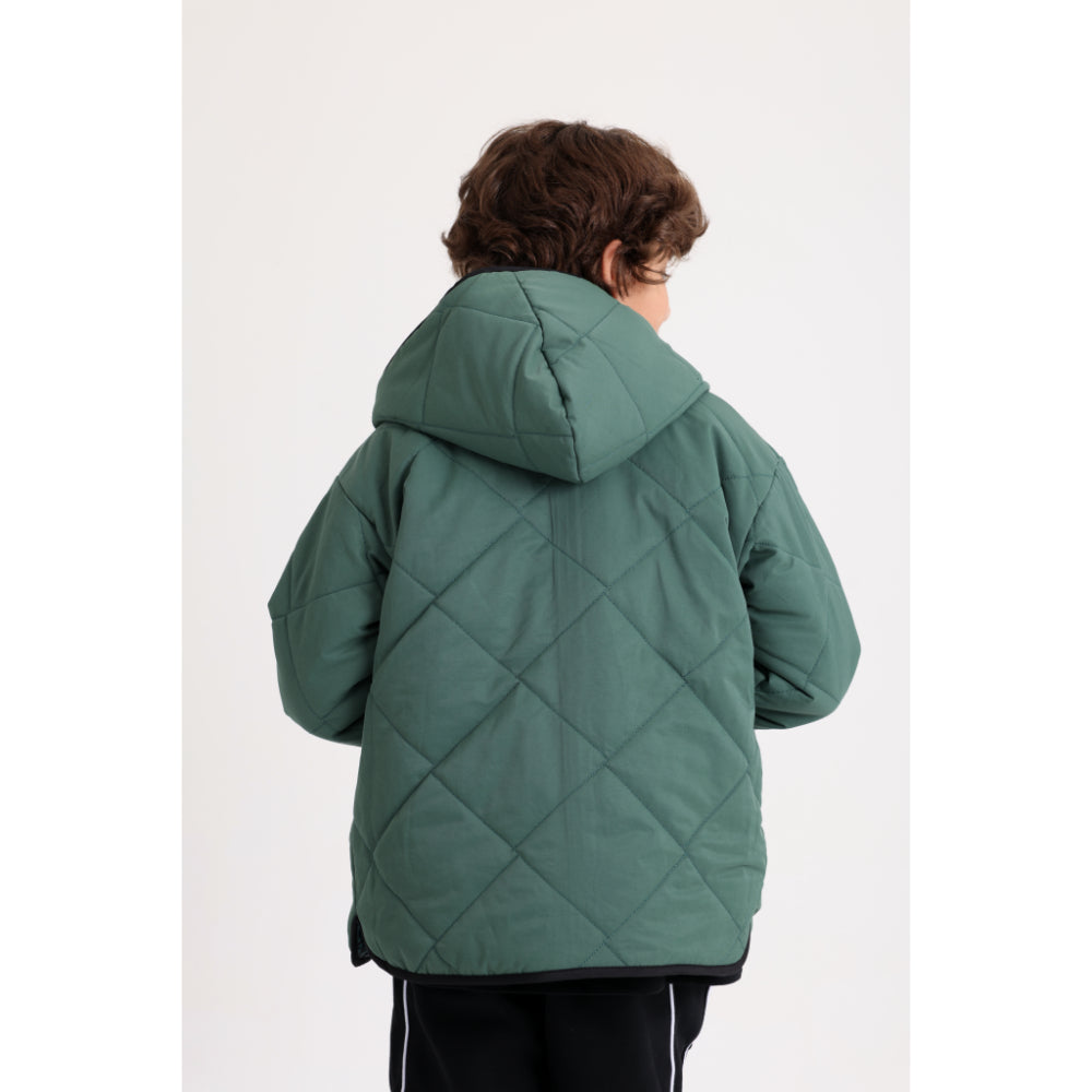 Boys Waterproof Double Face Jacket – Dark Green with Dino Print