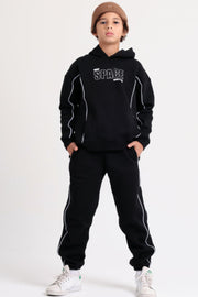 Boys Cotton Hoodie – Black with "Outer Space" Print