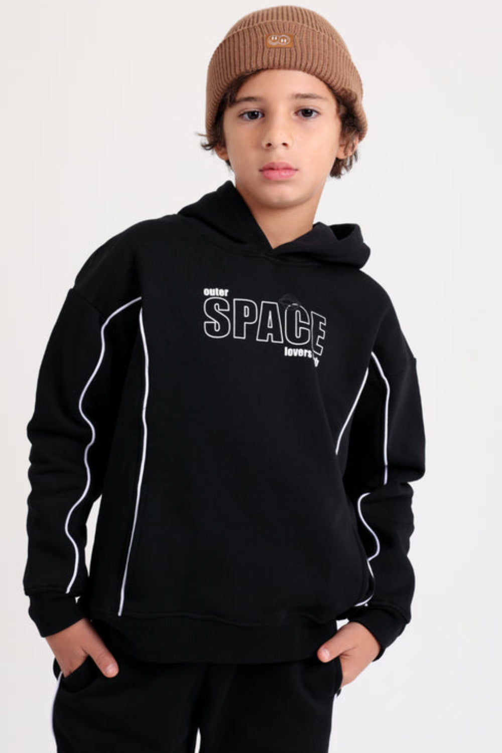 Boys Cotton Hoodie – Black with "Outer Space" Print