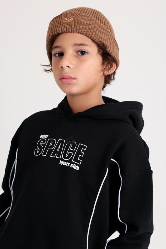 Boys Cotton Hoodie – Black with "Outer Space" Print