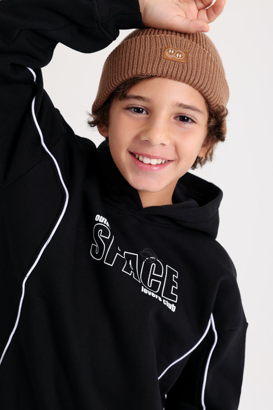 Boys Cotton Hoodie – Black with "Outer Space" Print