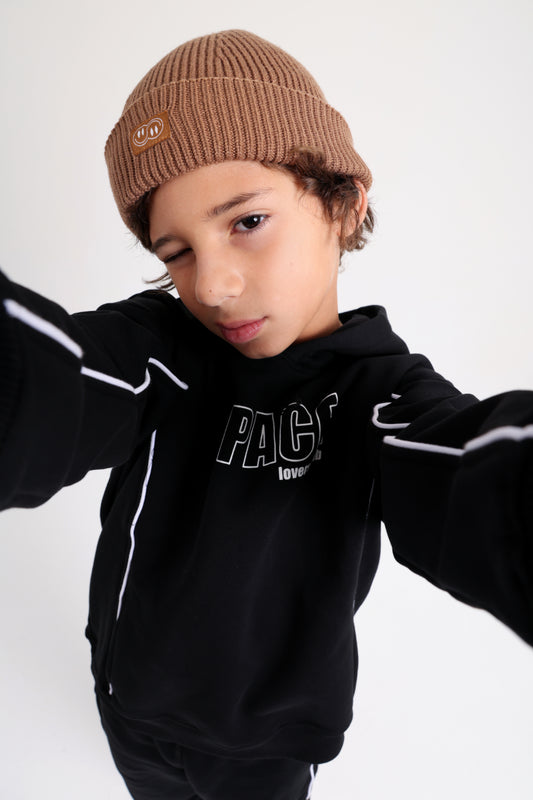 Boys Cotton Hoodie – Black with "Outer Space" Print