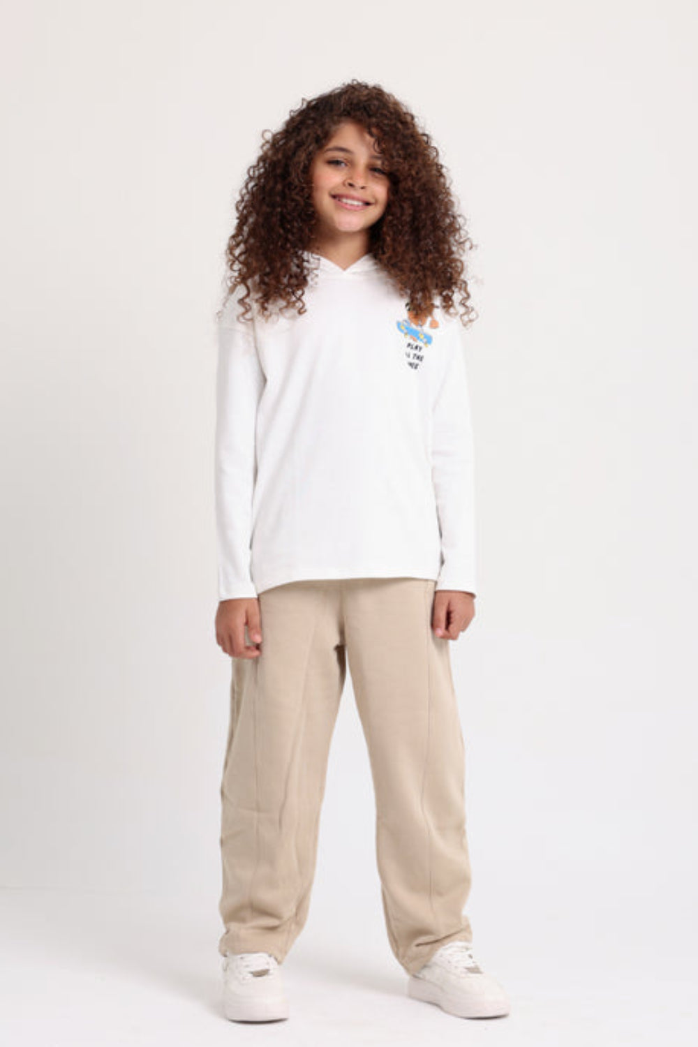 Girls Cotton Hoodie – Off-White with "Play All The Games" Print