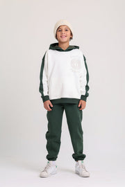 Boys Cotton Hoodie – Off-Wihte & Olive with "Keep on Playing" Print
