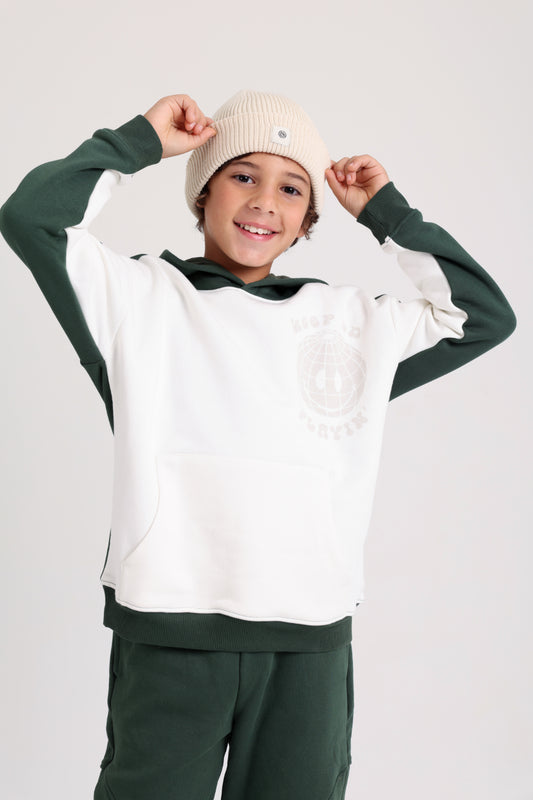 Boys Cotton Hoodie – Off-Wihte & Olive with "Keep on Playing" Print