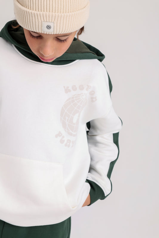 Boys Cotton Hoodie – Off-Wihte & Olive with "Keep on Playing" Print