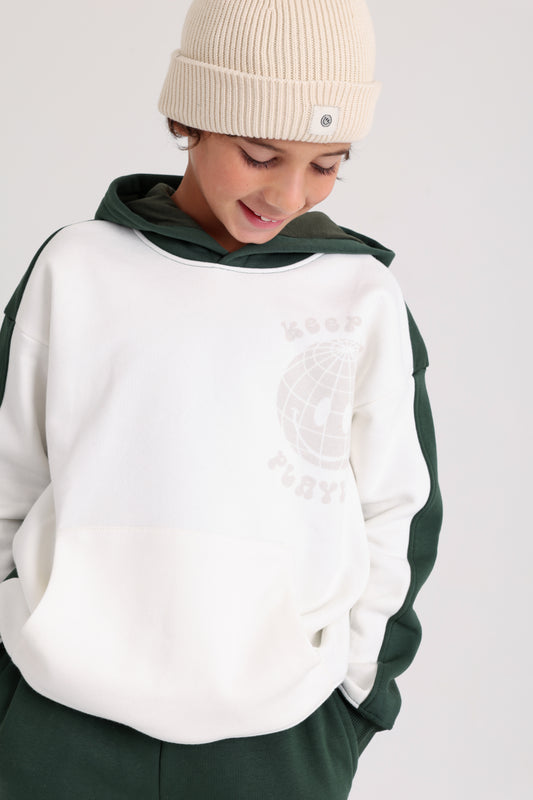 Boys Cotton Hoodie – Off-Wihte & Olive with "Keep on Playing" Print