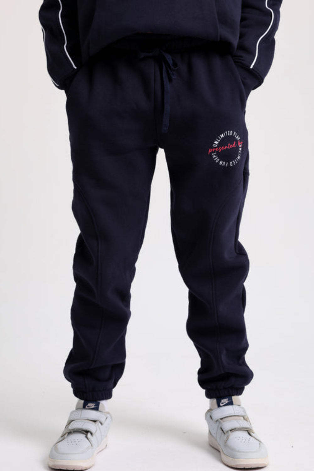 Unisex Cotton Sweatpants – Navy with "Unlimited Play Presented By Unlimited Fun Dept" Print