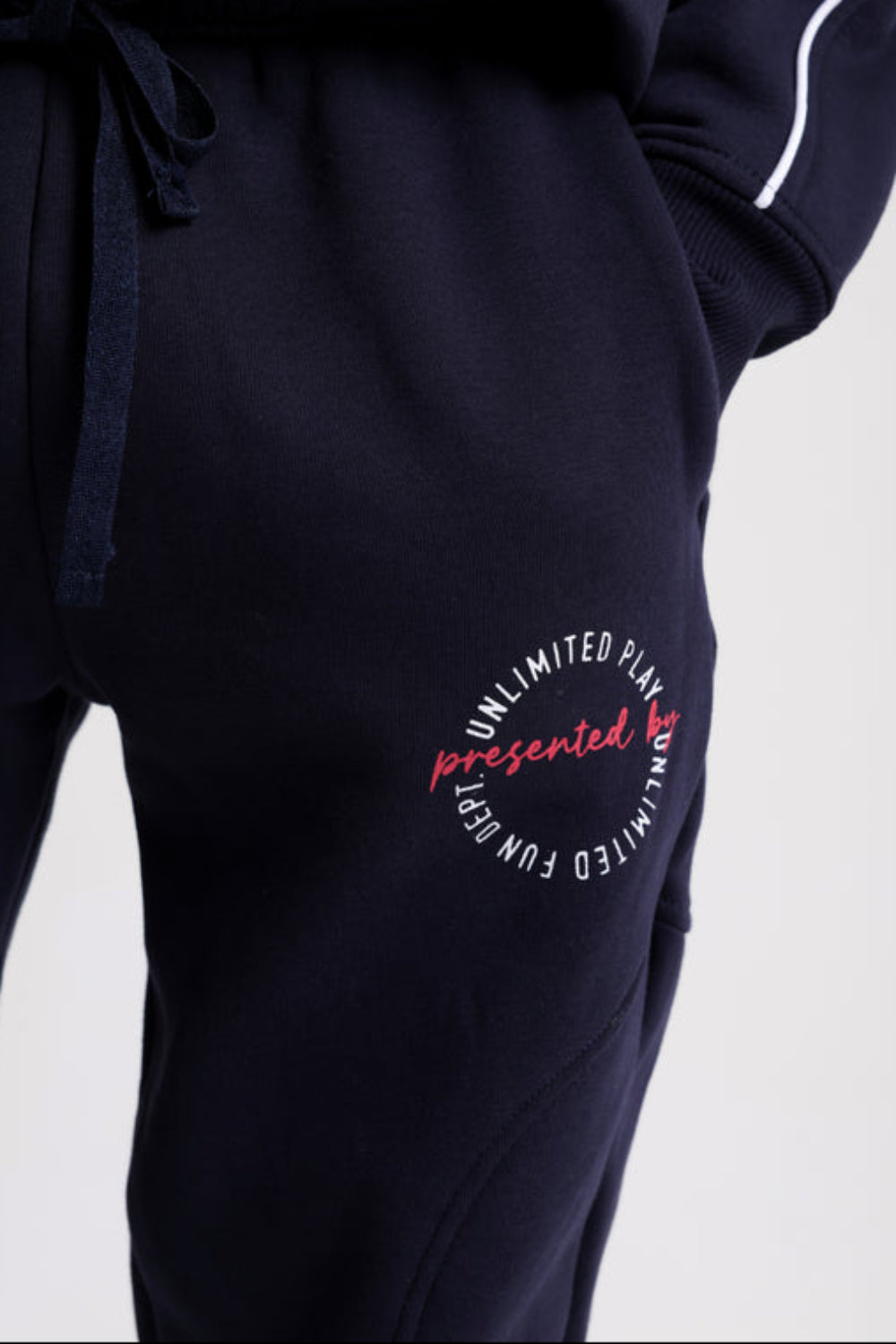 Unisex Cotton Sweatpants – Navy with "Unlimited Play Presented By Unlimited Fun Dept" Print