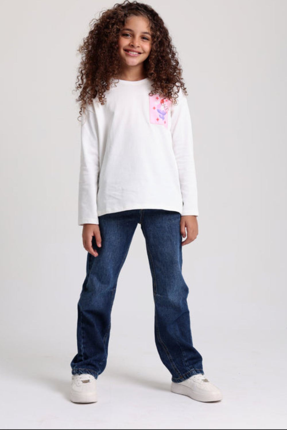 Girls Cotton T-Shirt – Off-White with Flower Print