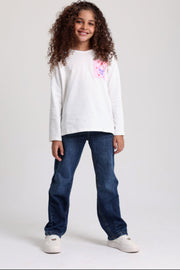 Girls Cotton T-Shirt – Off-White with Flower Print