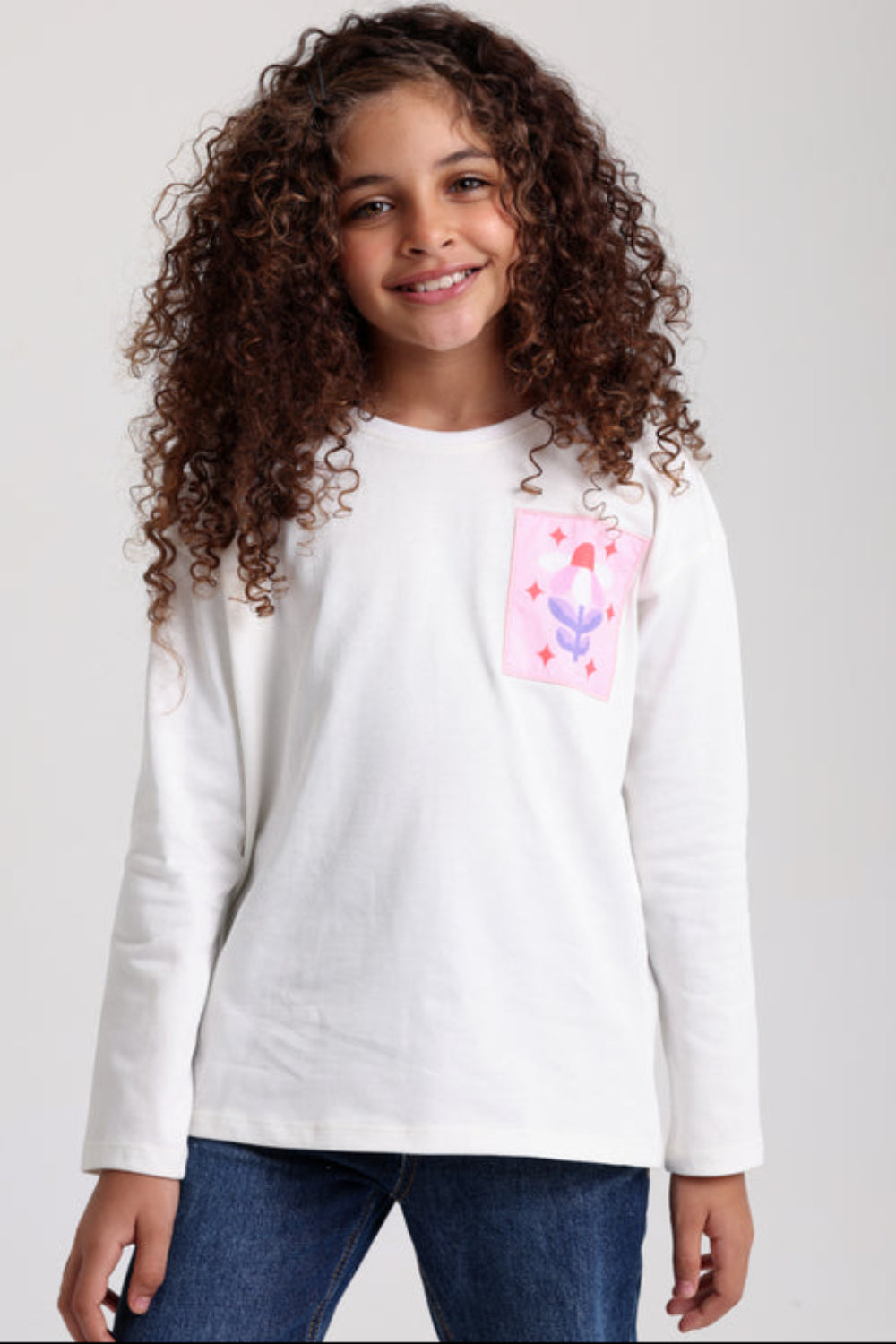 Girls Cotton T-Shirt – Off-White with Flower Print