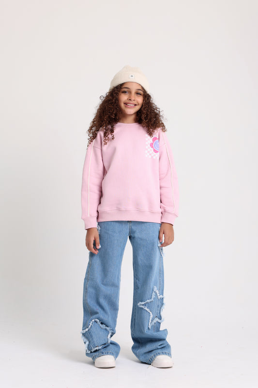 Girls Cotton Sweatshirt – Pink with Smiley Flowers