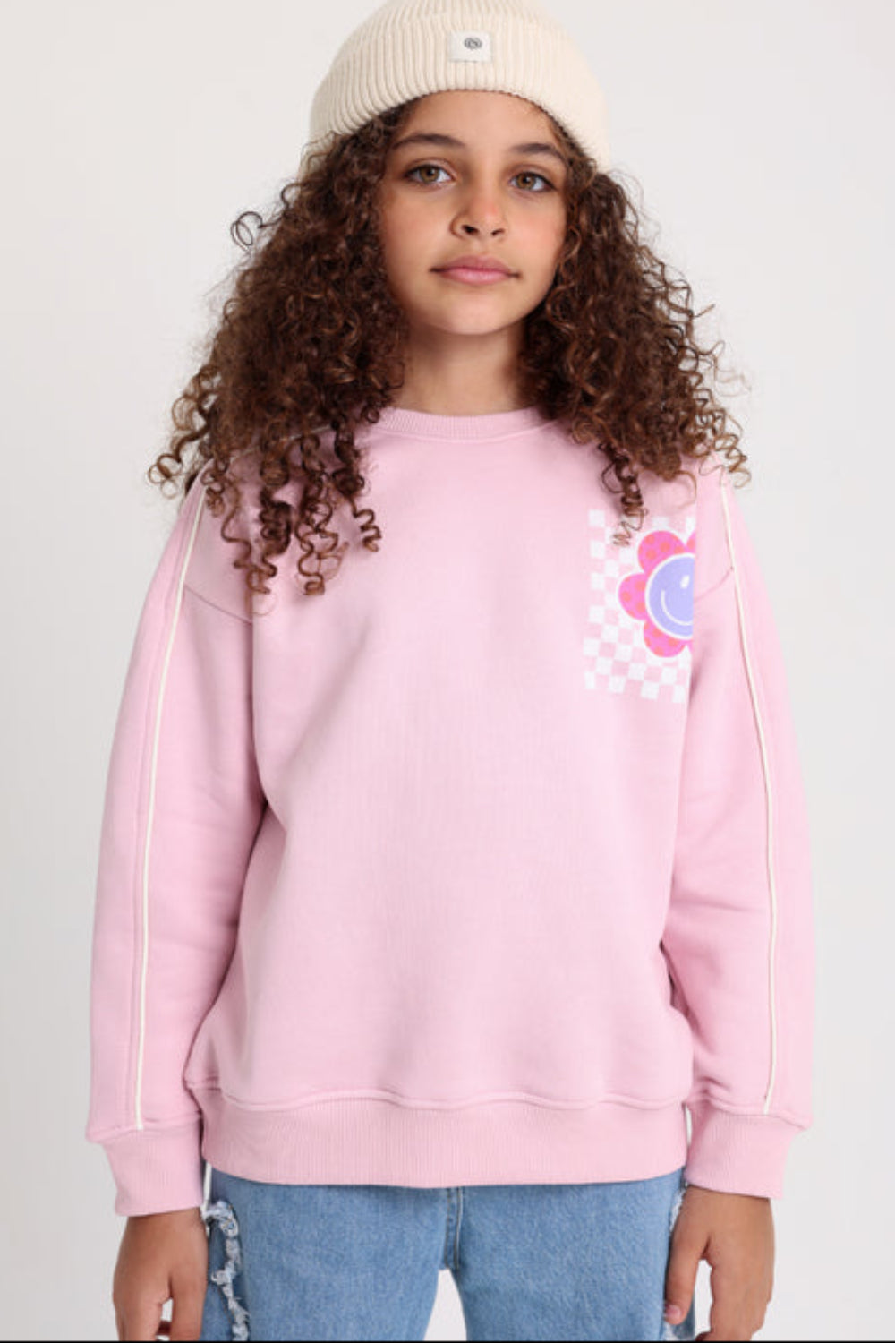 Girls Cotton Sweatshirt – Pink with Smiley Flowers - Clothing - Playmore