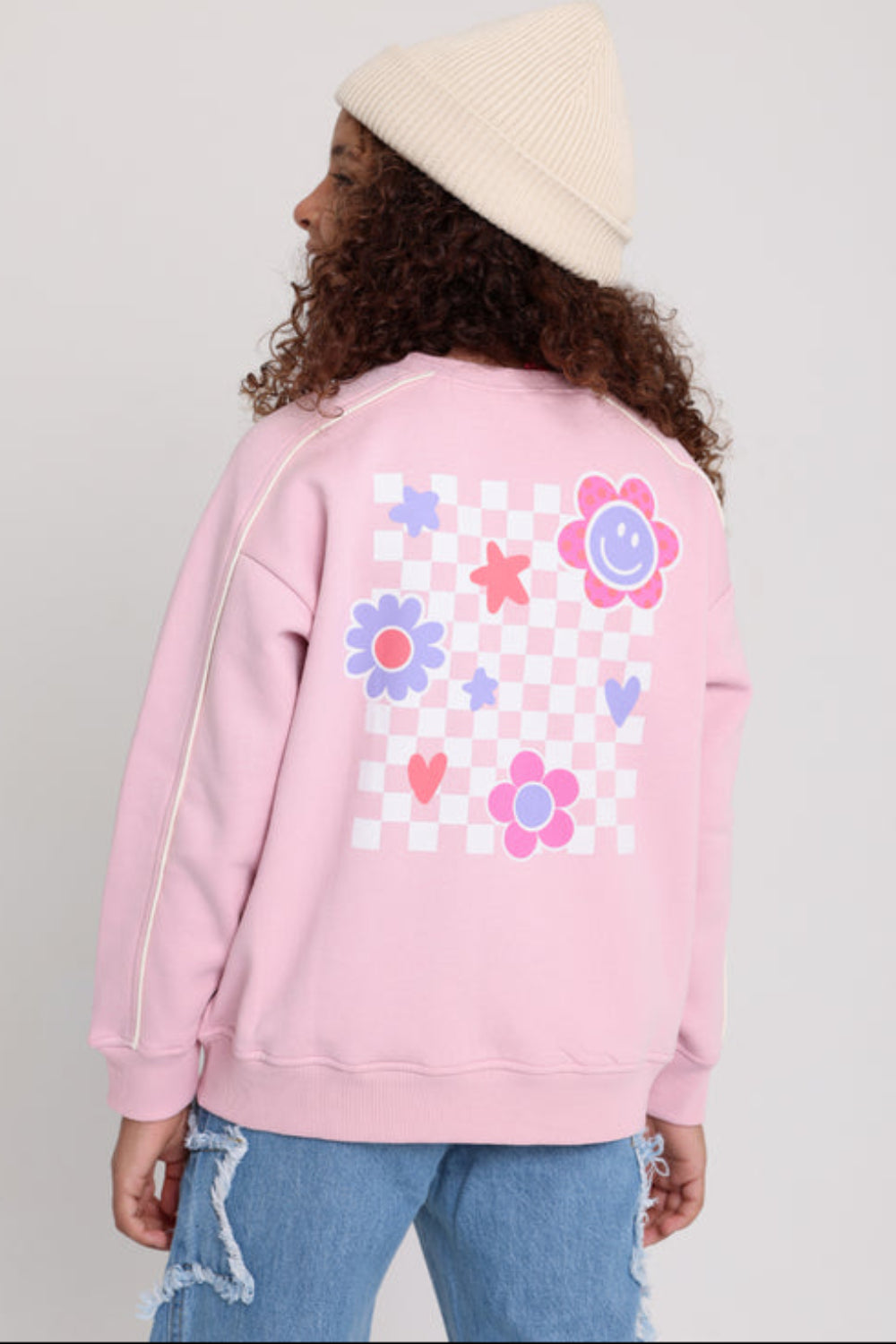 Girls Cotton Sweatshirt – Pink with Smiley Flowers