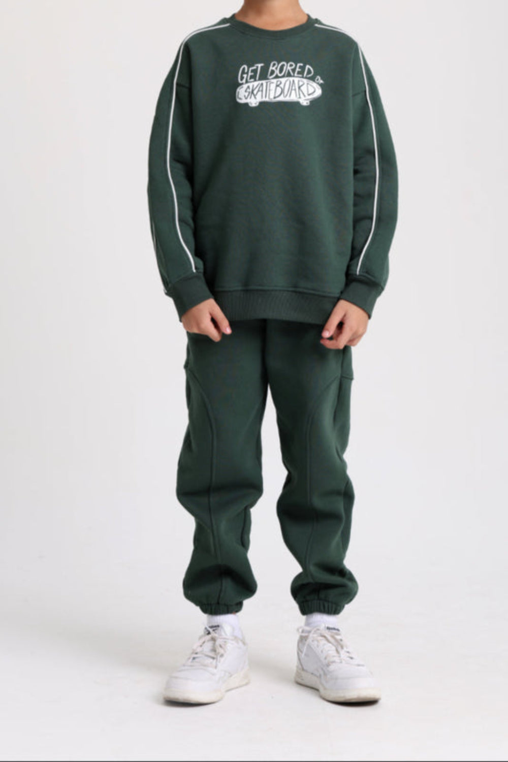 Boys Cotton Sweatshirt – Olive with "Get Bored Skateboard" Print