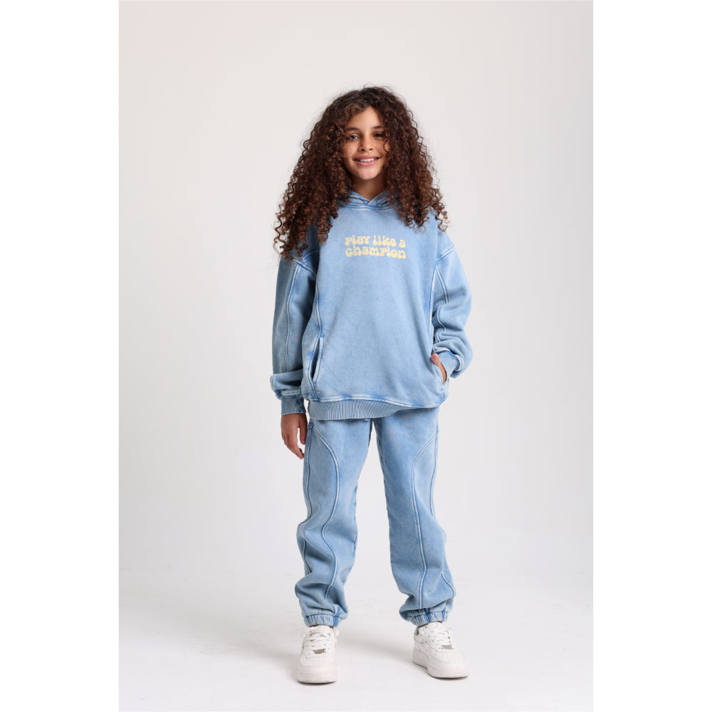 Teens Cotton Hoodie – Baby Blue with “Play Like a Champion” Design