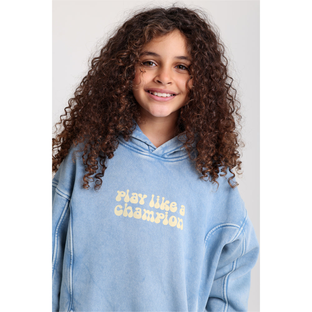 Teens Cotton Hoodie – Baby Blue with “Play Like a Champion” Design