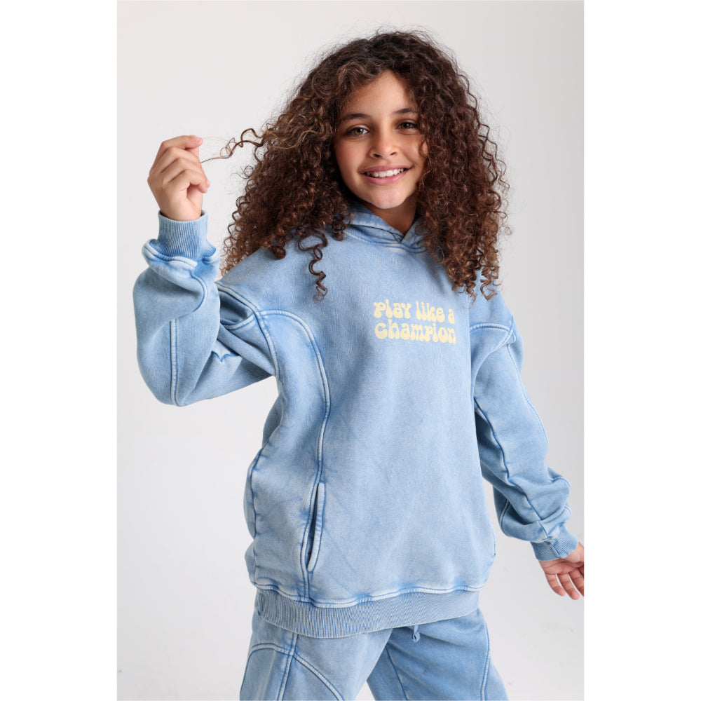 Teens Cotton Hoodie – Baby Blue with “Play Like a Champion” Design