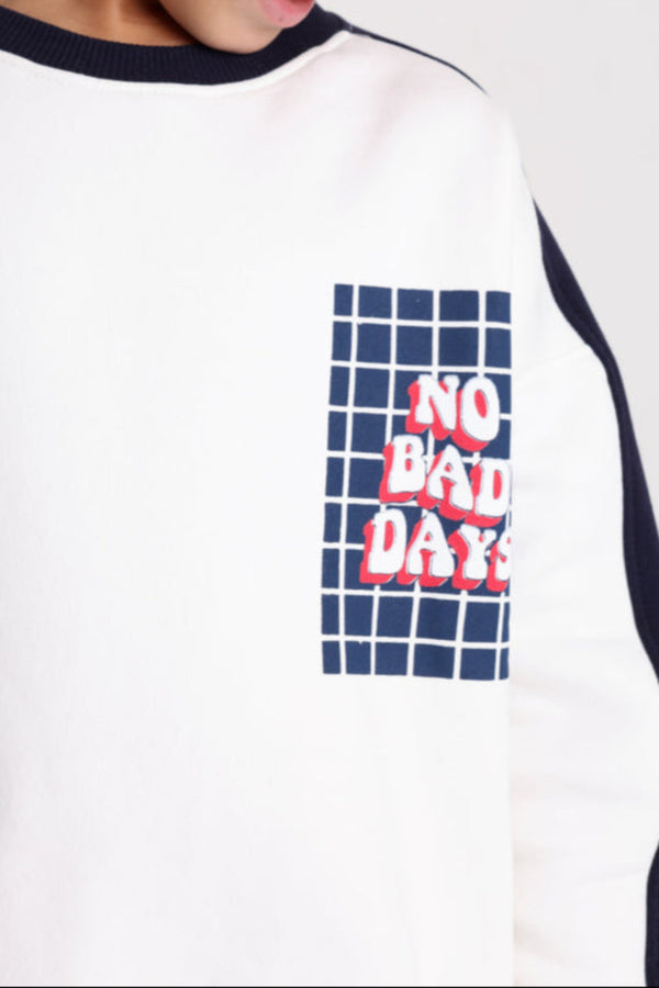 Boys Cotton Sweatshirt – Off-White with "No Bad Days" Print