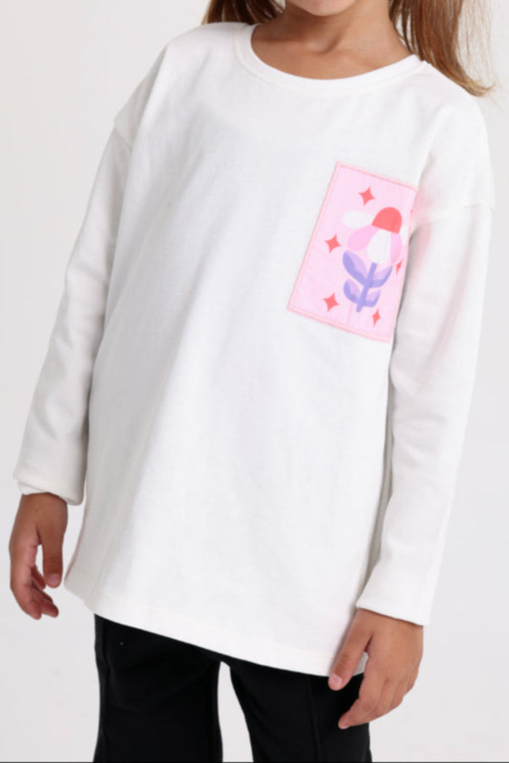 Girls Cotton T-Shirt – Off-White with Flower Print