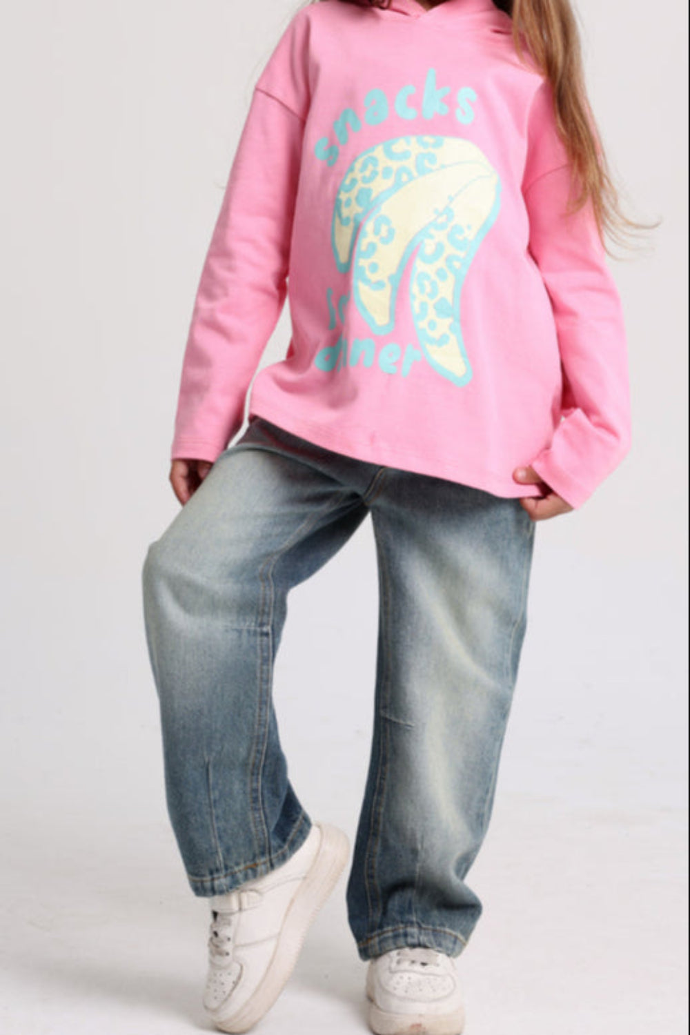 Girls Cotton Hoodie – Pink with "Snacks for Dinner" Bananas Print