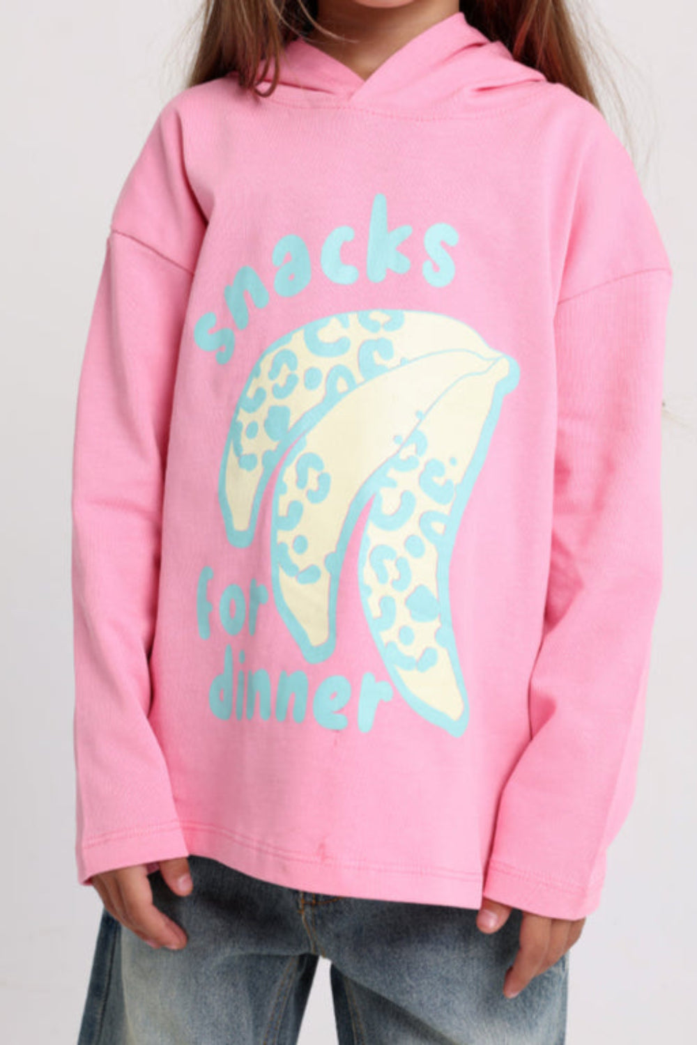 Girls Cotton Hoodie – Pink with "Snacks for Dinner" Bananas Print