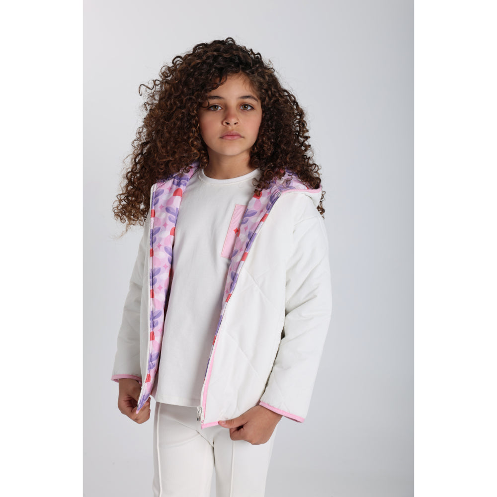 Baby Girls Waterproof Reversible Quilted Jacket –Off White & Pink Floral